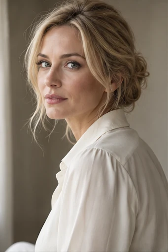 An editorial portrait of a blonde woman in an ivory blouse turning gently toward the camera.