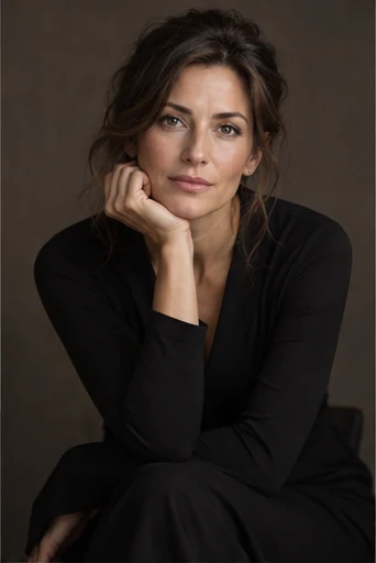 A brunette woman in a black dress rests her chin on her hand in a warmly lit editorial portrait.