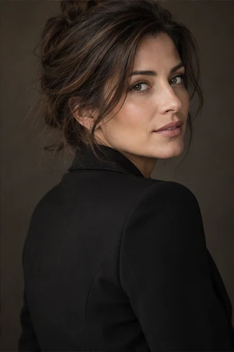 A brunette woman in a black jacket looks over her shoulder toward the camera.