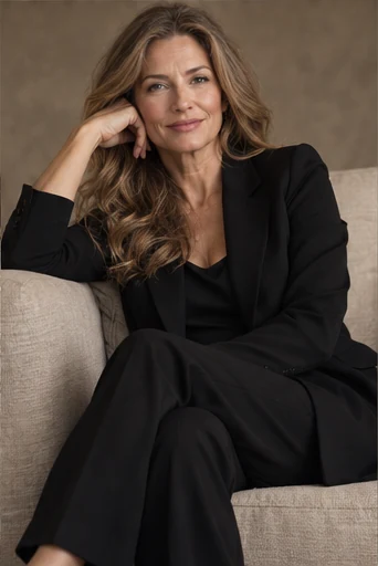 A mature woman sits confidently in a tailored black suit in a studio editorial portrait.