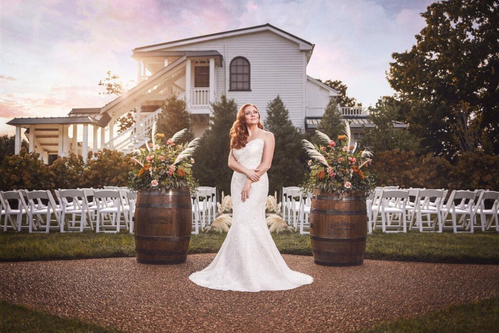 Picture taken by photographer of bride in front of wedding location